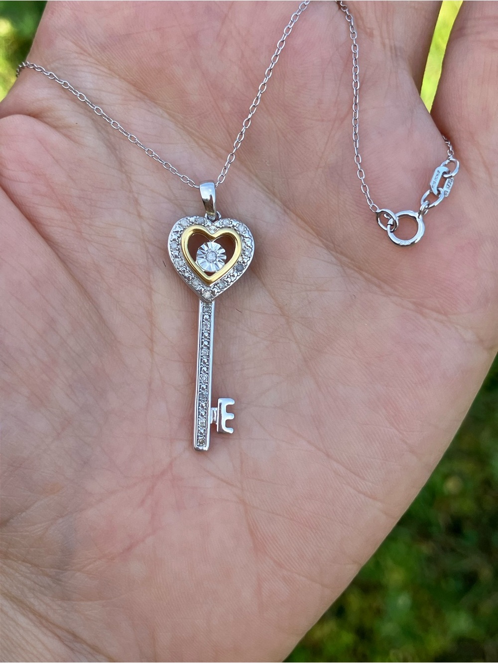 Natural White Diamond Sterling Silver Key Necklace